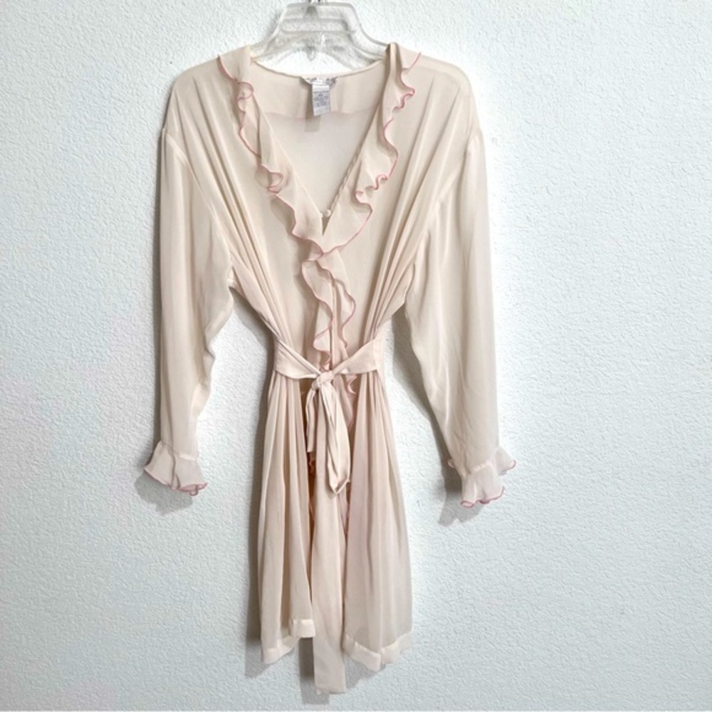 Mystique Cream Ivory Ruffled Hem Belted Sheer Lingerie Robe Intimates Sleepwear